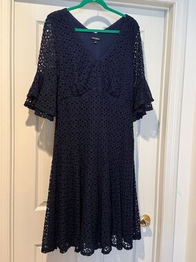 Party Date Night Dark Navy 3/4  Sleeve Crochet Elegant Chic Spring Sleek Size 16
